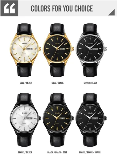 Vista 7 de SKMEI Relojes de cuero negro moda vestido clásico casual simple luz analógica impermeable día fecha calendario papá padres regalos oro reloj