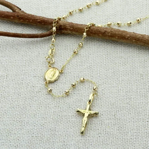 Vista 2 de DoubleAccent Collar de cruz de cadena de oro amarillo sólido de 14 quilates, collar de rosario con cuentas DC (16, 18, 20, 24, 26 pulgadas)