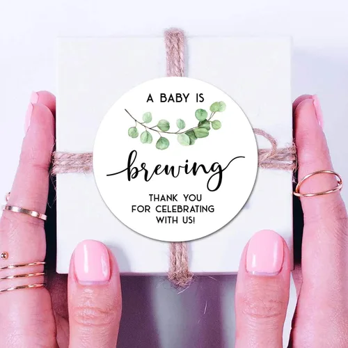 Vista 2 de Greenery - Calcomanías de agradecimiento con texto en inglés "A Baby is Brewing Thank You", paquete de 40