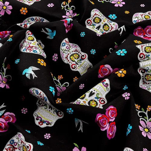 Vista 3 de Día de los muertos con purpurina negro/tela multicolor por yarda