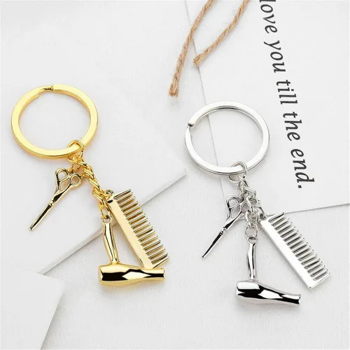 Vista 8 de Wixine 2 unids peluquero secador de pelo tijera peine llavero creativo llavero joyería regalos, Blanco,Oro