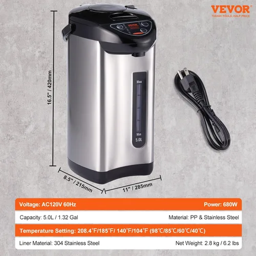 Vista 16 de VEVOR Dispensador de agua caliente, caldera y calentador de agua ajustable de 4 temperaturas, calentador de agua de encimera de acero inoxidable