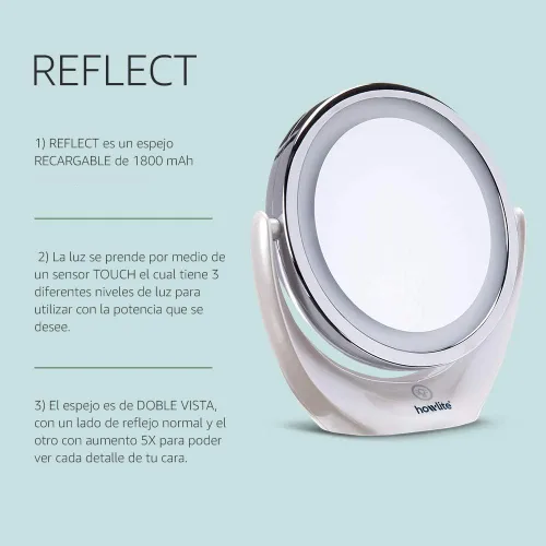 Vista 2 de Howlite Reflect - Espejo de maquillaje LED recargable 5X con doble vista, 1800 mAh con botón táctil