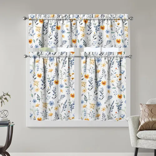 Vista 10 de Juegos de cortinas bohemias de cocina para ventanas, cortina bohemia con flores, cenefa para ventana de fregadero, juego de 3 piezas, decoración