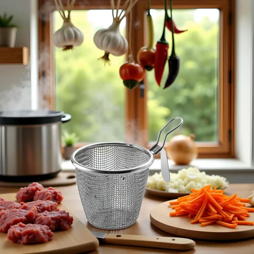 Vista 7 de 1 cesta de pasta de acero inoxidable, colador de fideos de bola de masa de araña de malla, colador de malla fina con asa, coladores de alimentos