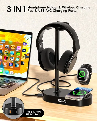 Vista 2 de COZOO Soporte para auriculares con almohadilla de carga inalámbrica rápida y 2 puertos de carga USB, adecuado para juegos, DJ, accesorios