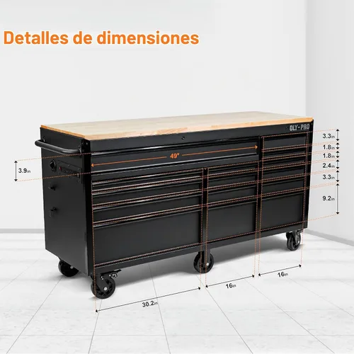 Vista 2 de Olympia Tools Caja de herramientas móvil resistente de 72 pulgadas, con banco de trabajo superior de madera maciza, baúl de herramientas con ruedas