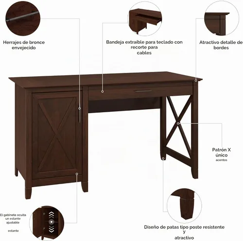 Vista 5 de Bush Furniture - Organizador de escritorio Key West con cajones , Madera, Bing Cherry cereza bing