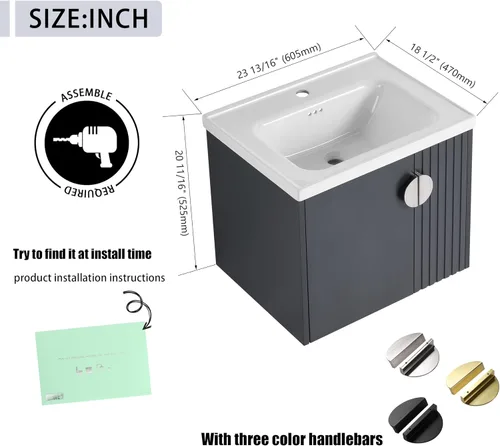 Vista 2 de Mueble de baño de 24 pulgadas con fregadero, tocador flotante de 24 pulgadas con fregadero de cerámica blanca brillante, gabinete de baño de madera