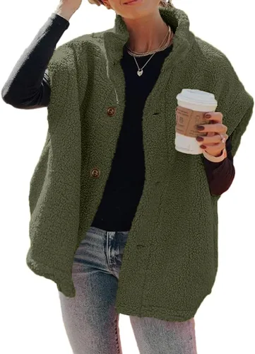 Vista 26 de Hongqizo - Chaleco de forro polar mullido para mujer, casual, de gran tamaño, cálido, con botones, chaqueta de sherpa con bolsillos
