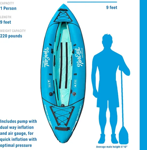 Vista 5 de Paquete de kayak inflable de 9 pies (Explorer) - Asiento inflable ajustable con respaldo, paleta ajustable, funda de transporte, bomba y kit