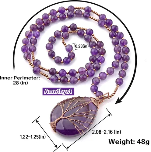 Vista 6 de Jovivi Collar de cristal curativo de cuarzo amatista natural, envuelto en alambre, árbol de la vida, colgante de piedras preciosas de chakra de 28