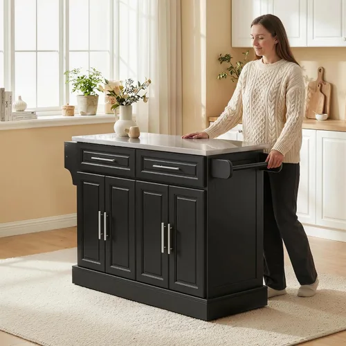 Vista 7 de HomCom Isla para cocina. Gabinete moderno con ruedas, con parte superior de acero inoxidable., Negro Mesa de isla portátil para cocina, ruedas