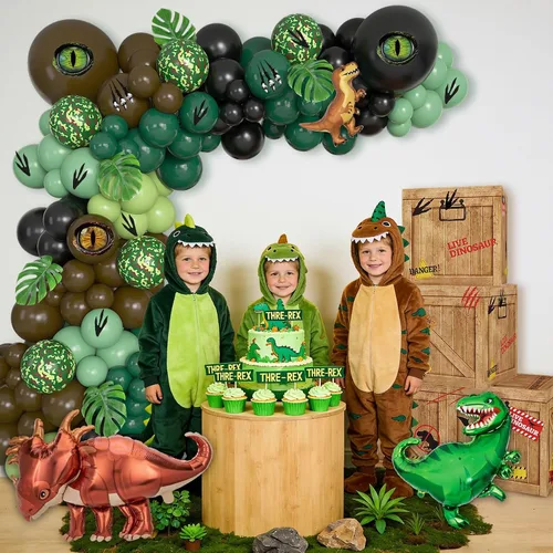 Vista 5 de Decoraciones de fiesta de cumpleaños de dinosaurios con 4 cajas temáticas de dinosaurios verde, marrón y negro, kit de arco de globos de papel