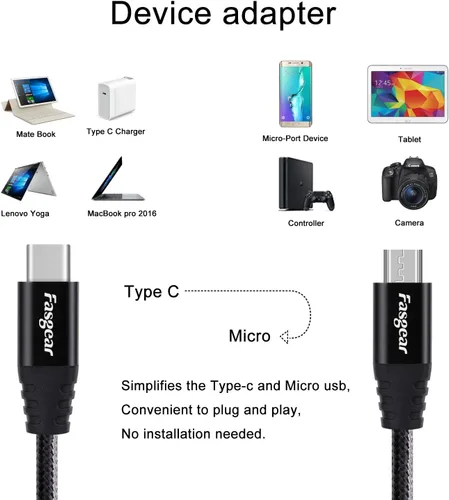 Vista 3 de Fasgear Cable USB C a Micro USB de 30cm Trenzado de Nylon Tipo C a Micro USB Compatible con Galaxy S7/S6, HTC One/10 y Más (Negro, 1 pie) Cable