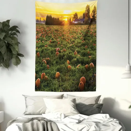Vista 7 de Ambesonne Tapiz de calabaza de otoño, tamaño Queen, foto temática de agricultura de otoño, parche de frutas de temporada al atardecer, colcha
