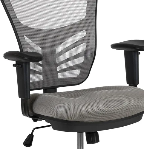 Vista 6 de Flash Furniture Silla de dibujo ergonómica de malla gris claro con anillo de pie cromado ajustable, brazos ajustables y marco negro Malla gris