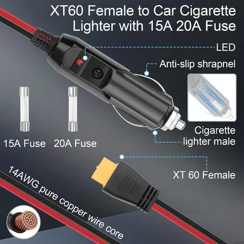Vista 3 de 2PCS XT60 hembra a encendedor de cigarrillos de coche con Cable de encendedor de cigarrillos 14AWG 12V-24V, para compresor de aire, aspiradora