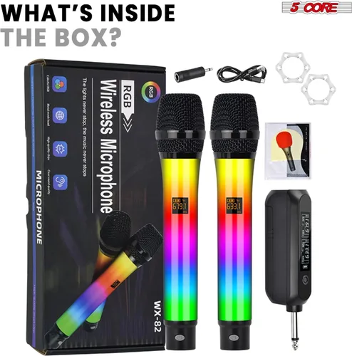 Vista 9 de 5 CORE Micrófonos inalámbricos, par de karaoke con luces LED brillantes, recargable, portátil, de largo alcance, micrófonos dinámicos de mano