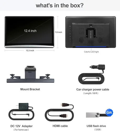 Vista 6 de 12.4 pulgadas 4K Android portátil coche TV monitor tableta para asiento trasero, teléfono soporte inalámbrico espejo enlace pantalla táctil