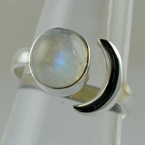 Vista 7 de Navya Craft Anillo de plata de ley 925 con piedra lunar y luna creciente, ajustable, para mujer, piedra lunar arcoíris natural, joyería hecha a