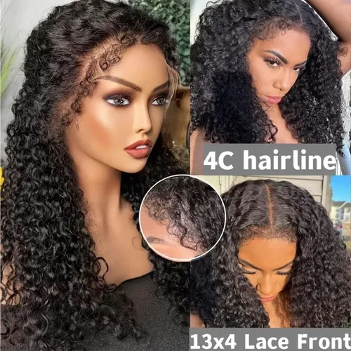 Vista 2 de Peluca de encaje frontal de 13 x 4 pulgadas, con bordes rizados, 4C, pelucas de cabello humano para mujeres negras, sin pegamento, encaje HD
