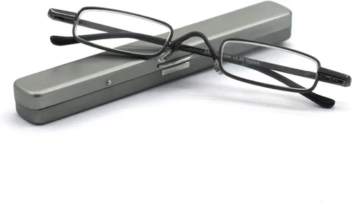 Vista 6 de Mini gafas de lectura de metal súper ligeras con estuche compacto, negro, plomizo