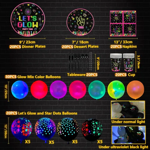 Vista 7 de 238 piezas de suministros de fiesta de neón que brillan en la oscuridad, decoraciones de fiesta de luz negra, juego de vajilla para fiesta, platos