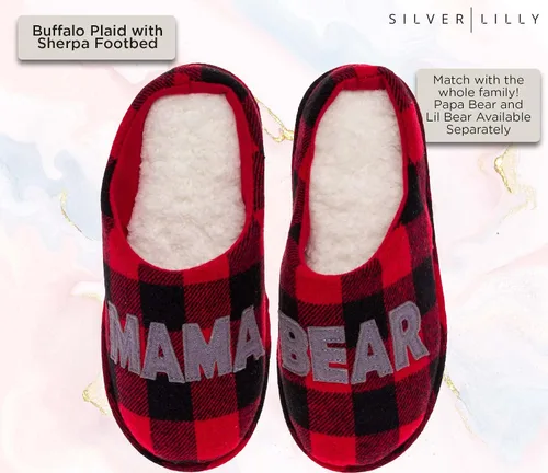 Vista 3 de Pantuflas mullidas para mamá, Pappa, Lil Bear para mujeres, hombres y niños, zapatos de casa a cuadros para interiores y exteriores, suela dura