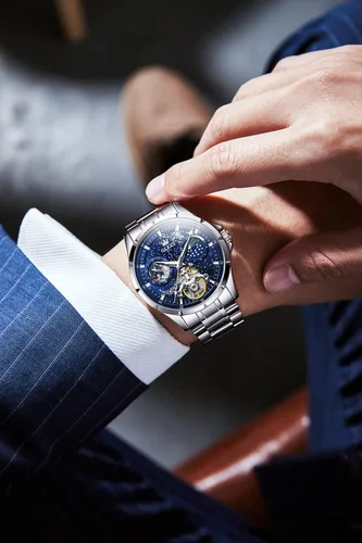 Vista 3 de OLEVS Relojes mecánicos automáticos para hombre, vestido de lujo, impermeable, cuerda automática, cronógrafo, de acero inoxidable, fecha luminosa