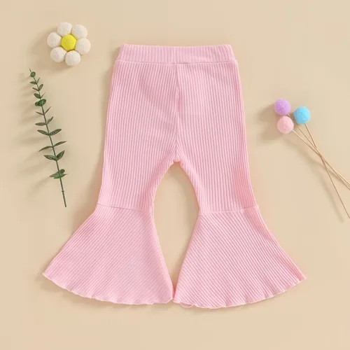 Vista 4 de Pantalones acampanados para bebé, color sólido, acanalados, elásticos, acampanados, lindos pantalones largos con lazo para niños pequeños
