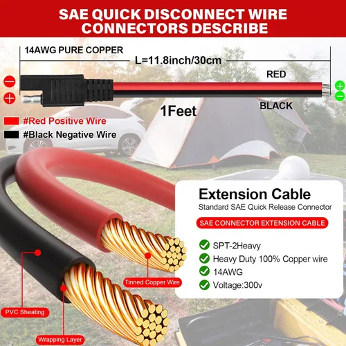 Vista 3 de Paquete de 8 Cables de Extensión SAE de Calibre 14 de 1 Pie Cobre Puro Conector SAE 14AWG 2 Pines Enchufe Individual Conector Rápido para Panel