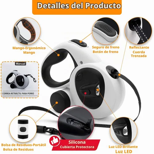 Vista 6 de Correa retráctil para perro con luz LED recargable por USB, correa resistente de 16 pies con soporte para bolsa de excrementos y cable a prueba