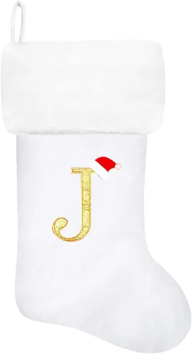 Vista 114 de Calcetines de Navidad bordados de 20 pulgadas con monograma, terciopelo negro con puño de felpa blanca supersuave, adornos clásicos para decoración