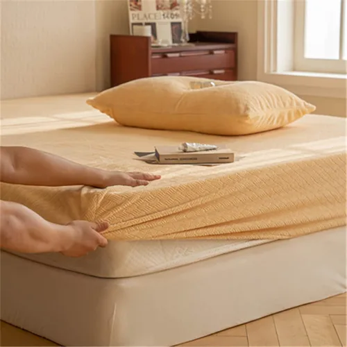 Vista 8 de Funda de colchón ajustada, cubrecolchón grueso y cálido de forro polar de leche, protector de colchón de impresión en color sólido para colchones