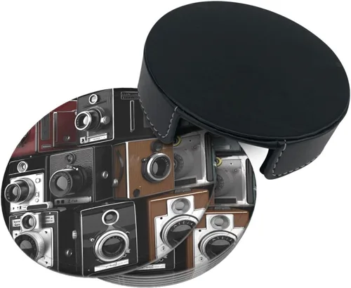 Vista 8 de Retro Cool Camera Collection Coasters Set of 6 with Holder Non-Slip Leather Coaster for Drinks Round Drink Coaster for Tabletop Protection, Cup Mat