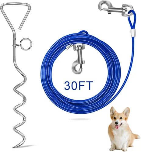 Vista 8 de Relux Cable y estaca de amarre para perros, estaca en espiral resistente de 16 pulgadas para perros pequeños a medianos (azul-16 pies, 2 unidades)