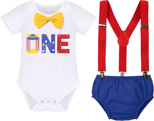 Vista 47 de IBTOM CASTLE Disfraz de carnaval de circo para el primer cumpleaños con temática de carnaval para bebé niño con tirantes y pajarita, sombrero