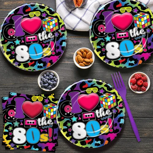 Vista 5 de Vajilla de decoración de fiesta de los años 80 – Los suministros para fiestas temáticas de los 80 incluyen platos de papel, vasos, servilletas