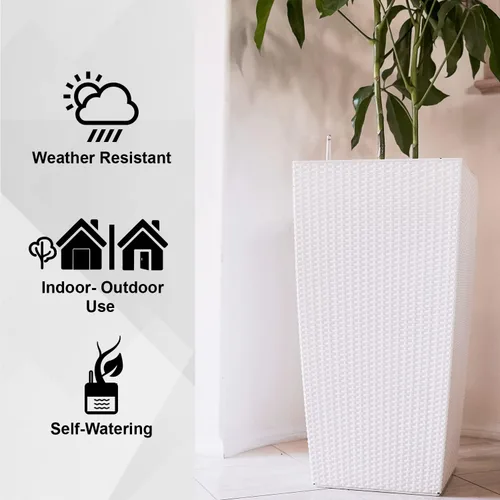 Vista 4 de XBrand Maceta cuadrada de ratán blanco de 30 pulgadas de alto para interiores y exteriores, maceta decorativa alta para jardinería, decoración
