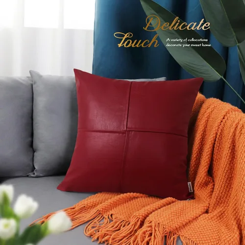 Vista 6 de BRAWARM Fundas de almohada de cuero sintético de 16 x 16 pulgadas, paquete de 2 fundas de almohada de cuero rojo profundo, fundas de almohada