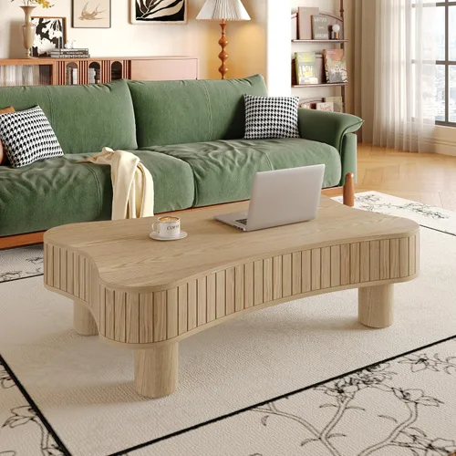 Vista 3 de Mesa auxiliar elevable con almacenamiento, moderna mesa central de 42 pulgadas con tres paneles de almacenamiento ocultos y estriados, elevación