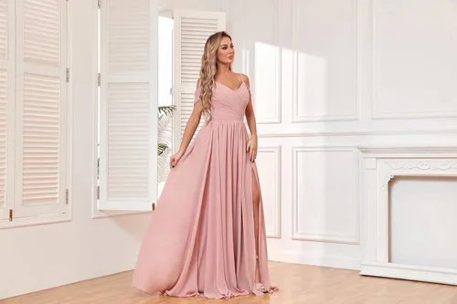 Vista 5 de BOLENSYE Vestidos de dama de honor con hombros descubiertos y bolsillos, vestido de noche formal con abertura larga de gasa fruncida