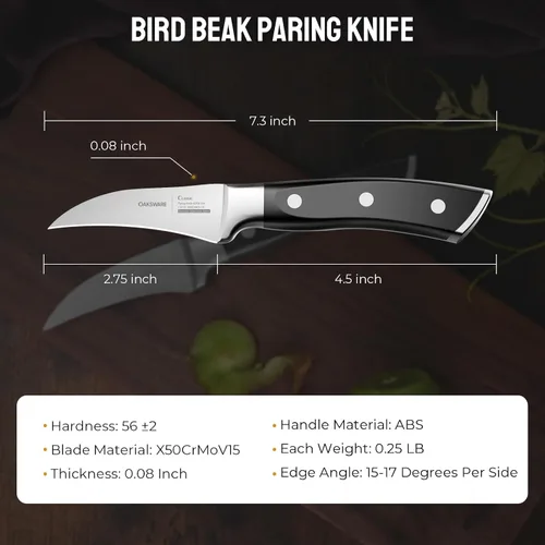 Vista 7 de OAKSWARE Cuchillo de pelar con pico de pájaro, cuchillos de pelar de 2.75 pulgadas de acero inoxidable alemán pequeños cuchillos curvados