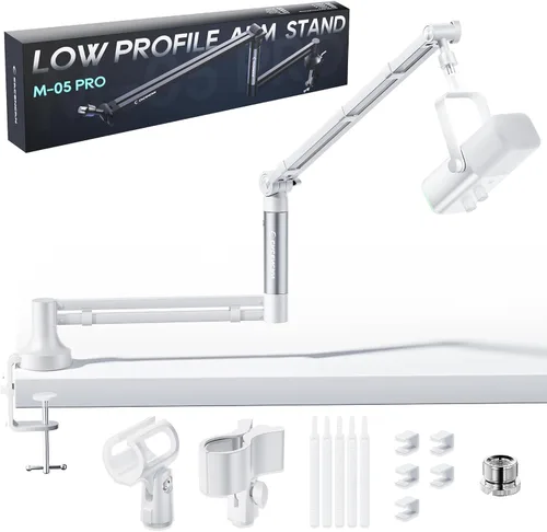 Vista 12 de CACENCAN Brazo articulado, soporte de micrófono giratorio de 360° con montaje de escritorio, brazo de micrófono de escritorio plegable con adaptador