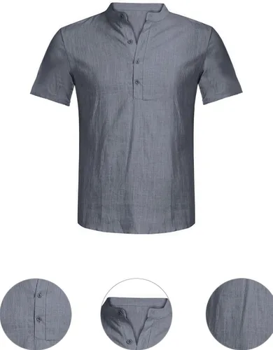 Vista 5 de Camisa Henley de algodón con textura de lino y algodón para hombre, ajustada, de manga corta, atlética, muscular, casual, hippie de playa