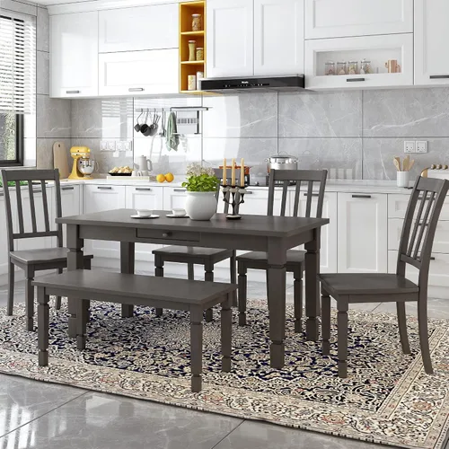 Vista 26 de Juego de mesa de comedor de madera de 6 piezas, juego de mesa de cocina con rectangular, juego de mesa de comedor con banco tapizado y 4 sillas