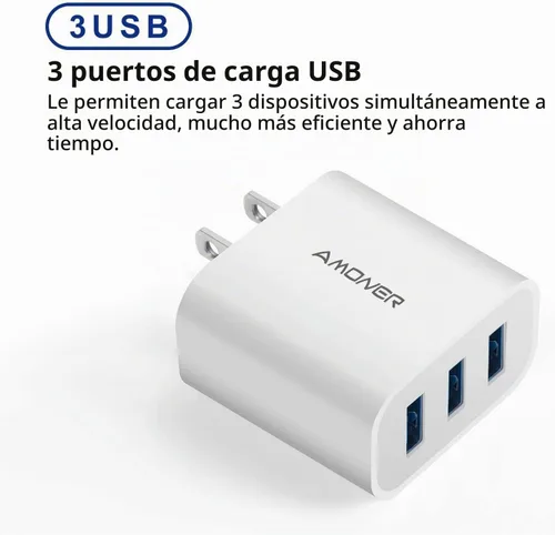 Vista 3 de Cargador de pared USB, Amoner Pack de 2 de 15W con 3 puertos USB, bloque de carga en forma de cubo para iPhone 14/13/12/11/X/XR/X/8/7/6, Galaxy