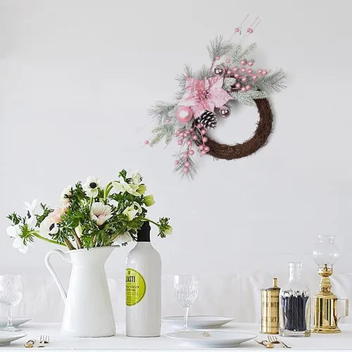 Vista 2 de Corona de Navidad con adornos de bolas para decoración de puerta delantera (corona rosa, 17.7 in)