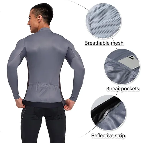 Vista 73 de Santic - Camiseta de ciclismo para hombre, manga larga, reflejante, cremallera completa, con bolsillos